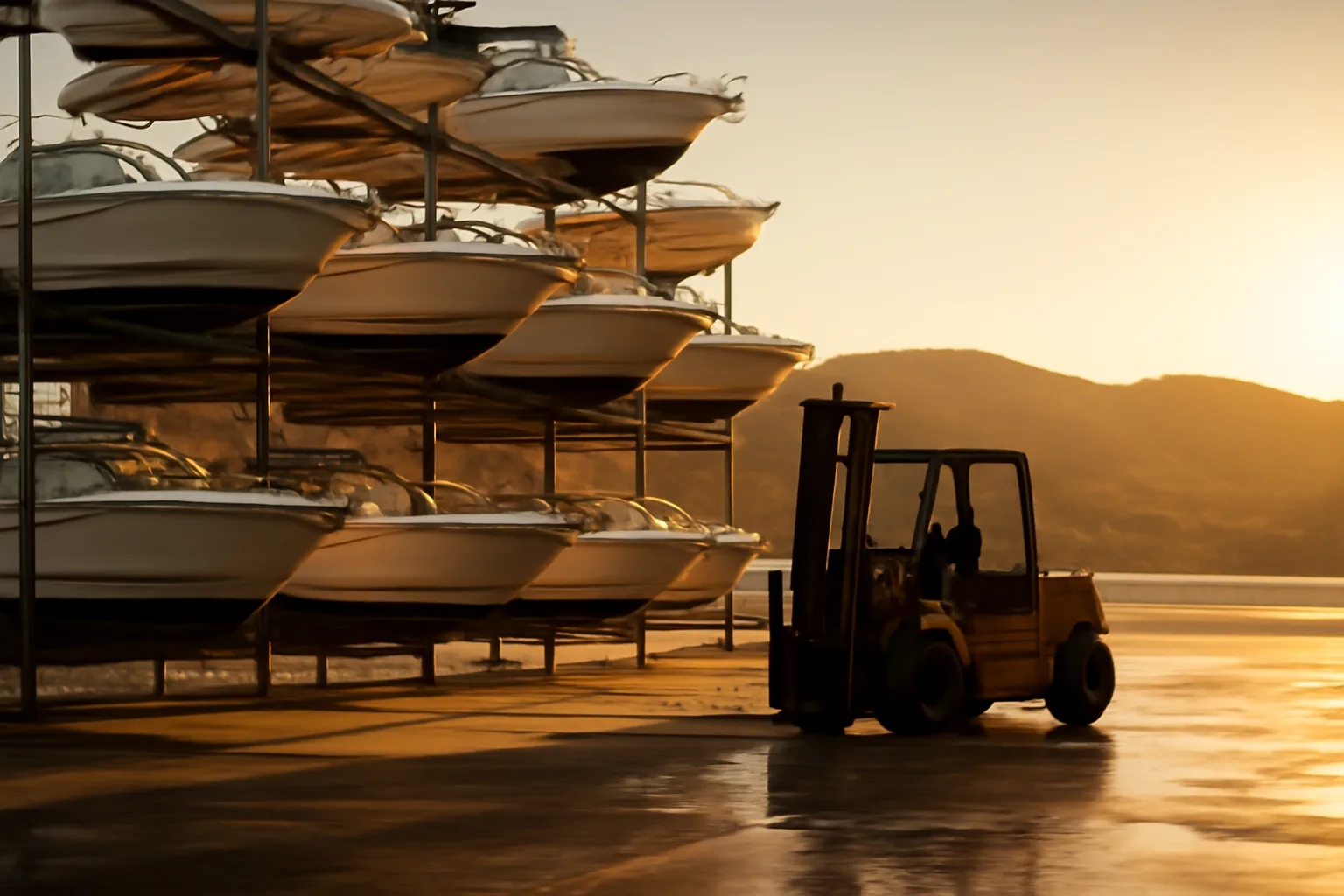 Steel dry stack marina racks and a forklift beside California harbor water