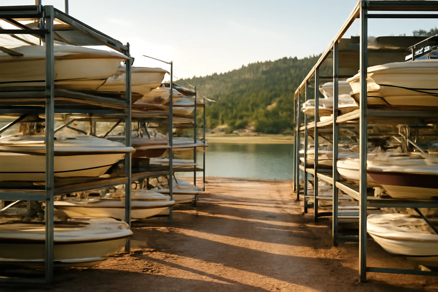 Colorado dry stack boat racks beside a Front Range reservoir