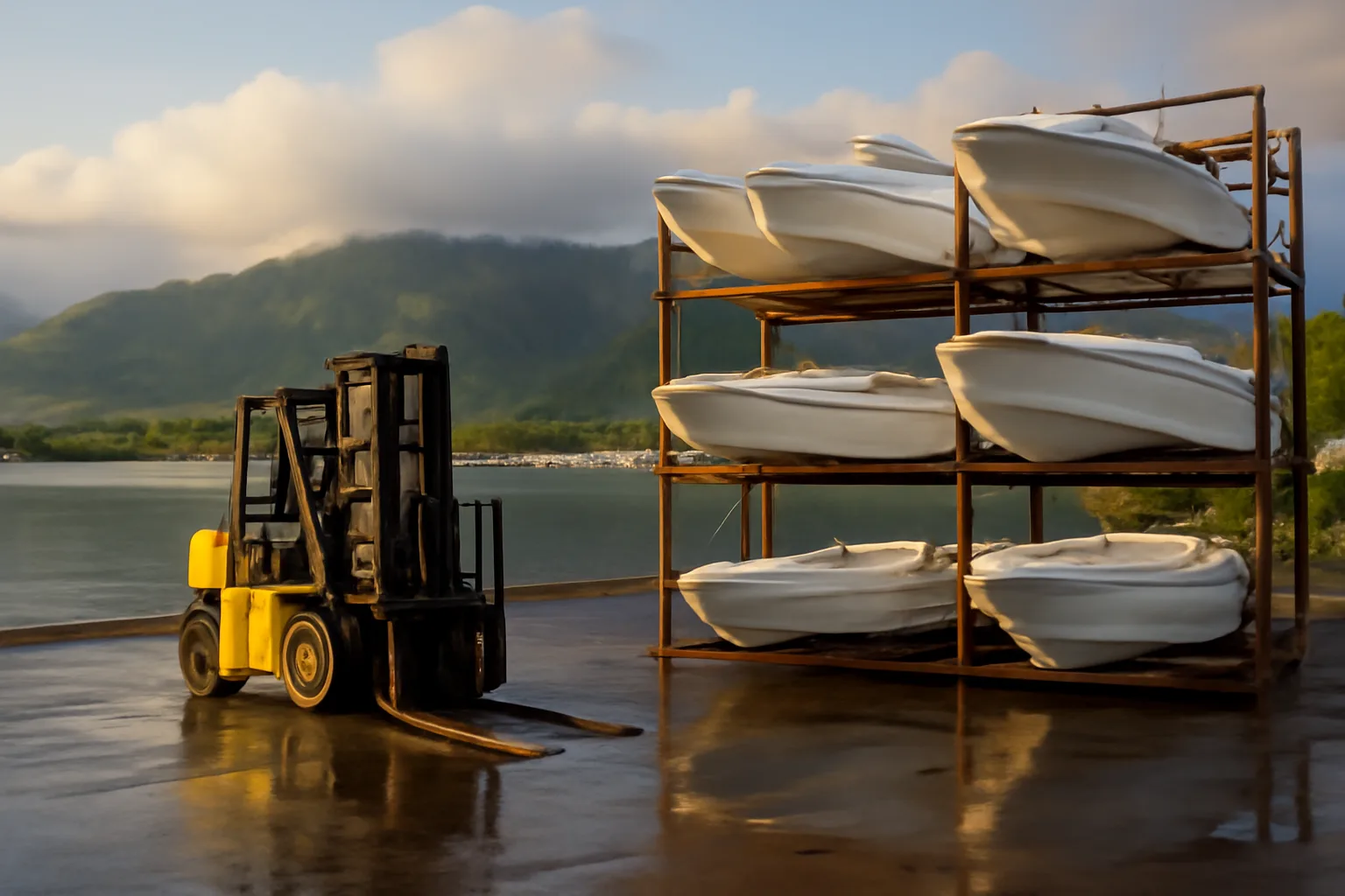Boat hulls in dry stack racks beside a Hawaiian harbor