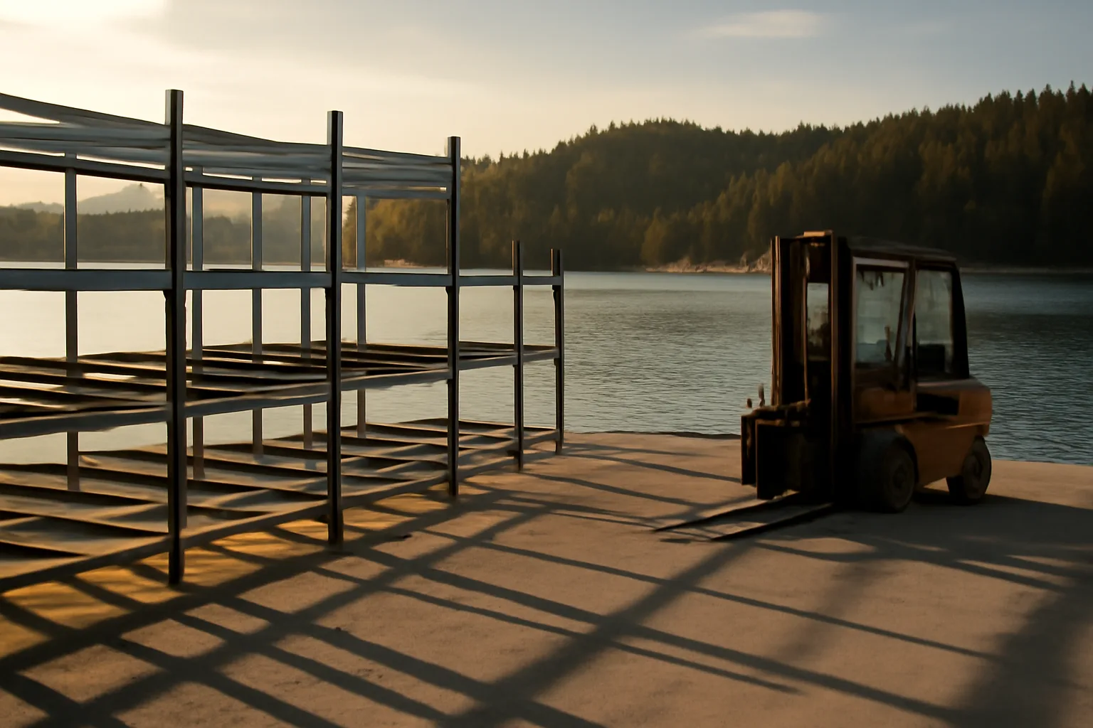 Steel dry stack racks beside an Idaho reservoir at dusk