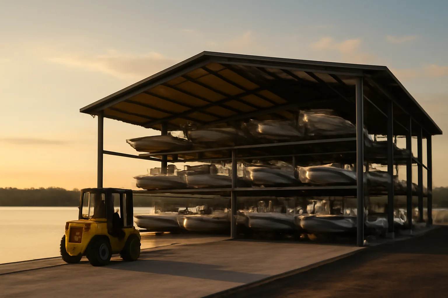 Dry stack marina storage building beside Alabama bay with forklift near water ramp