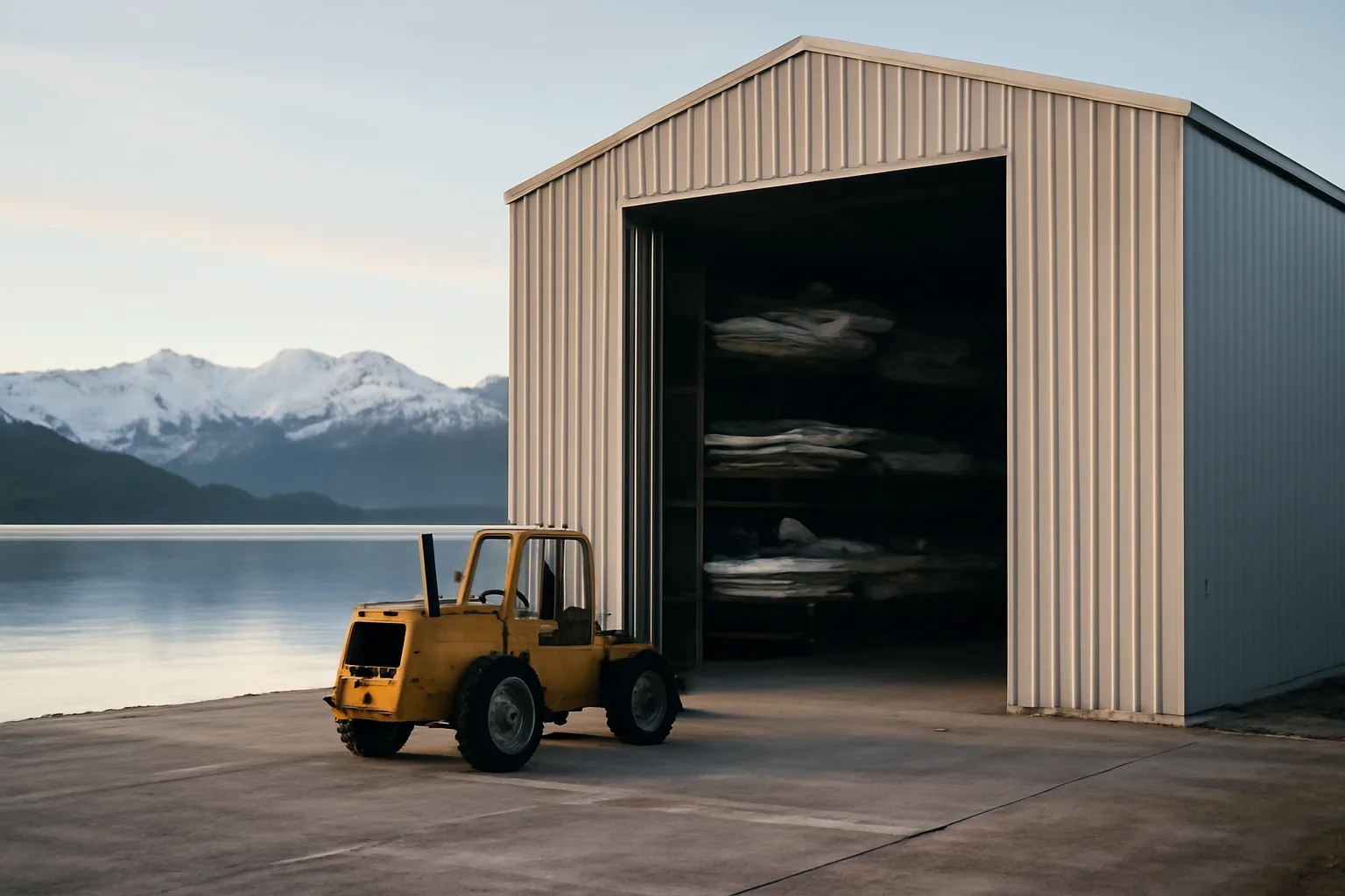 Dry stack marina storage building on an Alaska inlet with a forklift parked outside