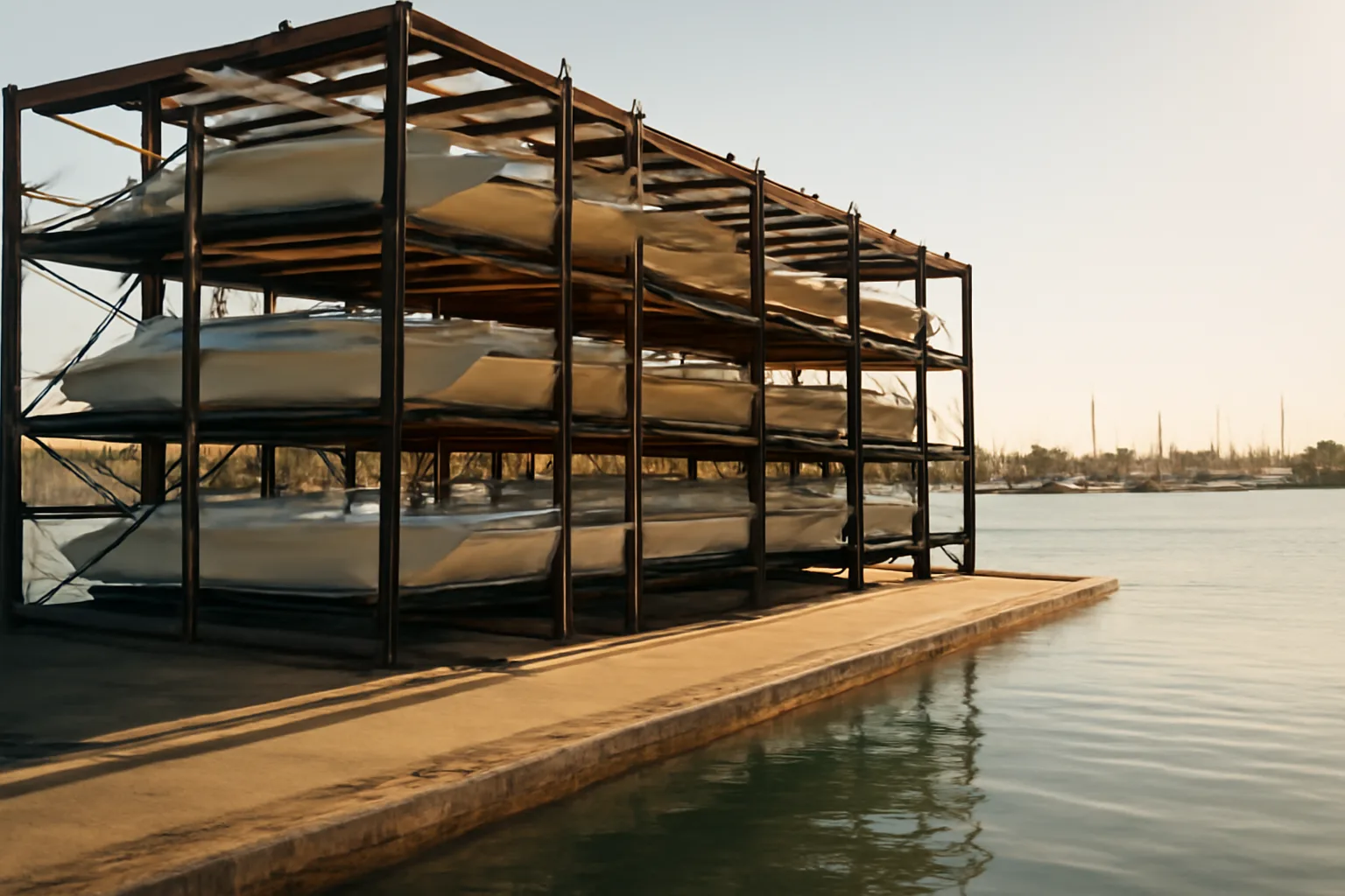 White boats stored on steel dry stack racks at a California marina