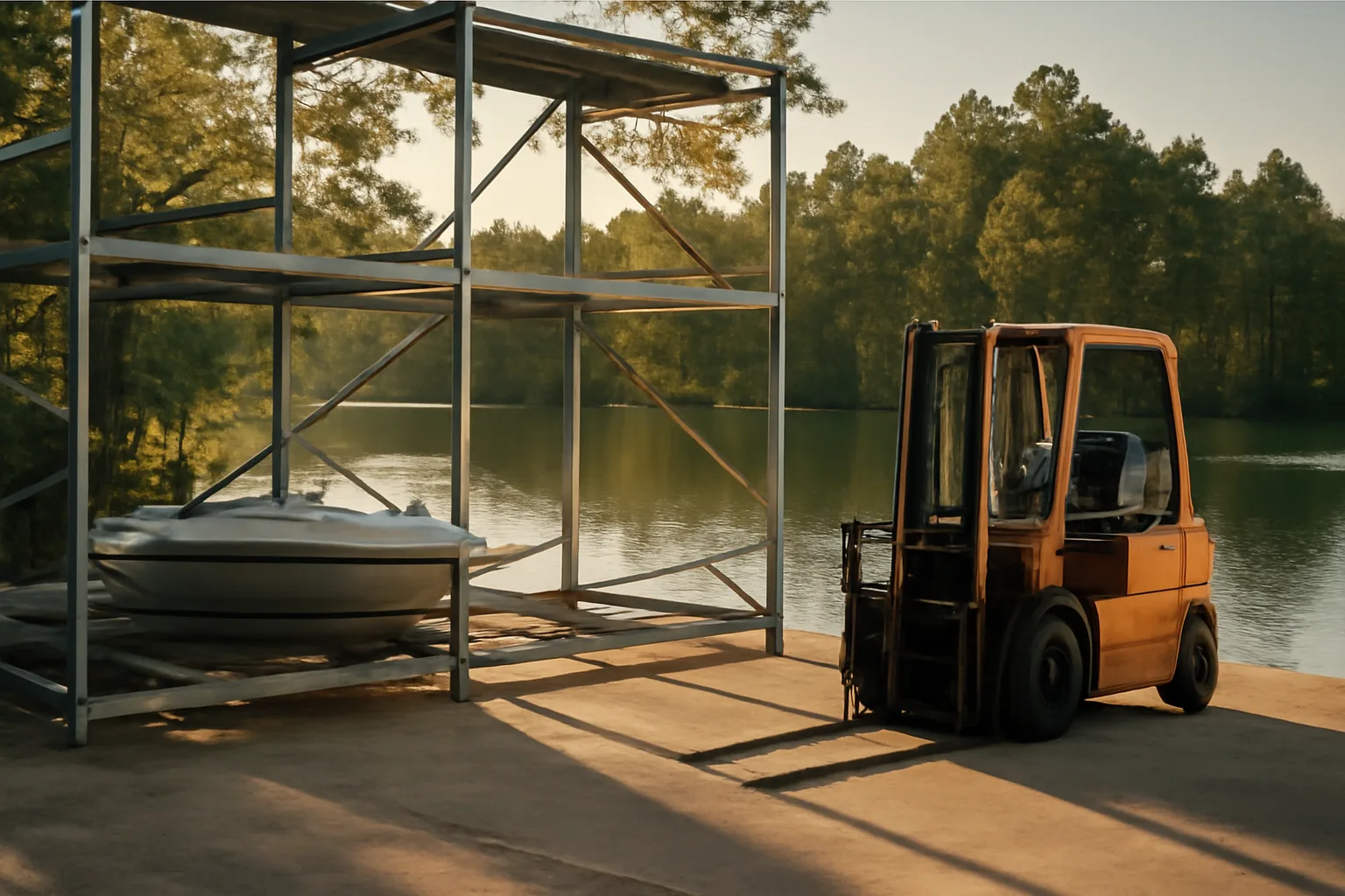 Forklift and dry stack racks beside an Arkansas reservoir