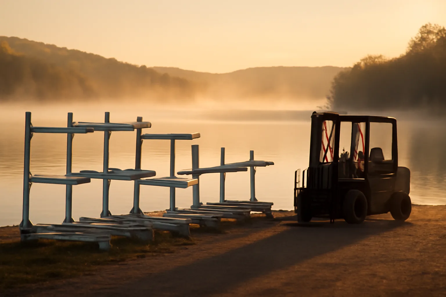 Empty dry stack marina racks beside an Arkansas lake at dawn