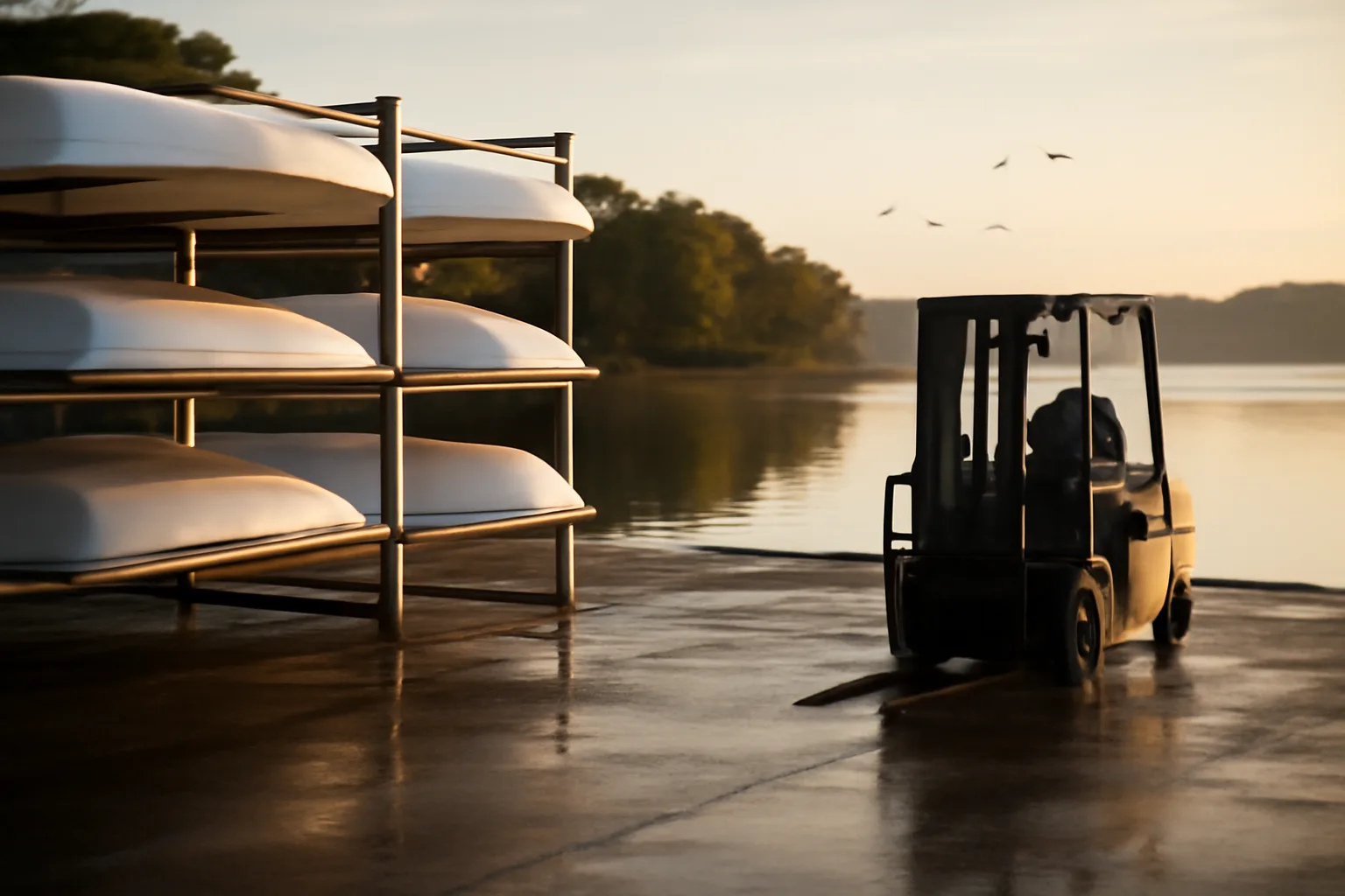 Dry stack boats in open racks beside a Connecticut cove