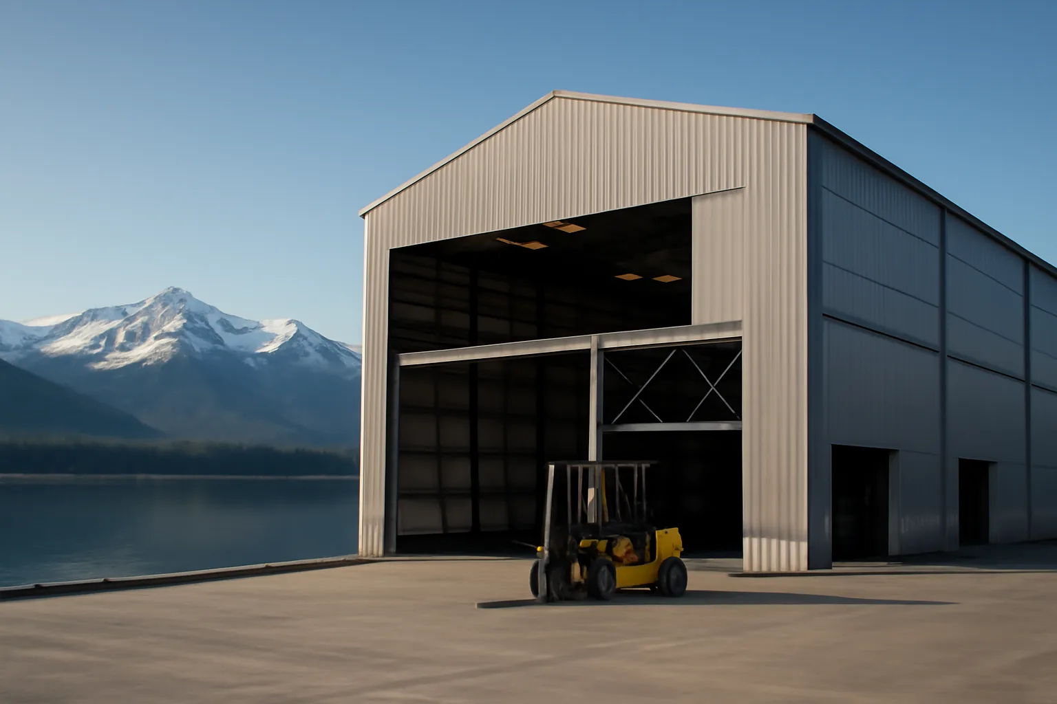 Dry stack marina building beside an Alaska harbor with mountain backdrop