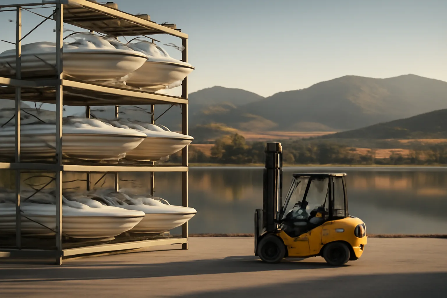 Steel dry stack racks and forklift beside a Colorado reservoir