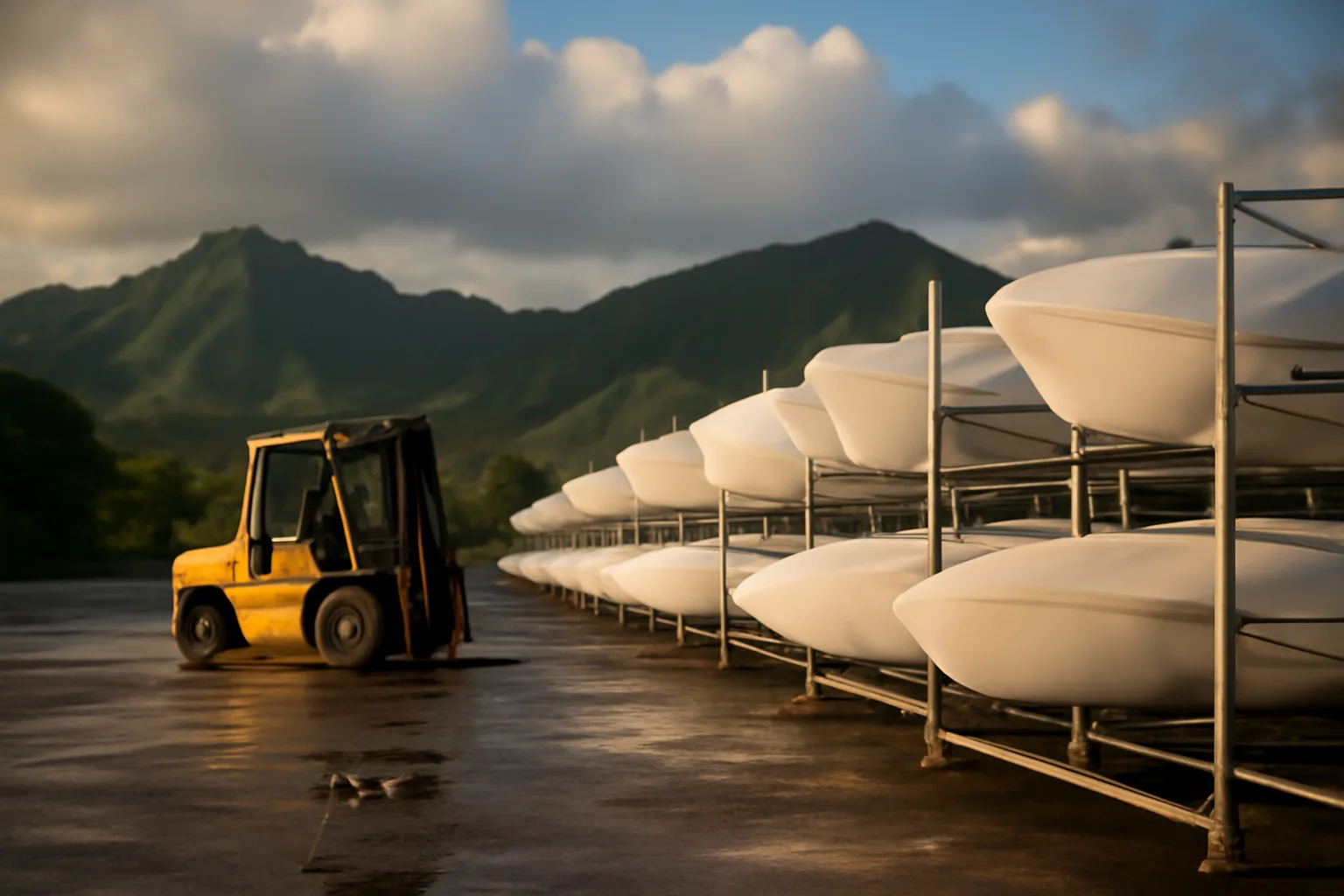 White boats stacked in open racks at an Oahu dry stack marina